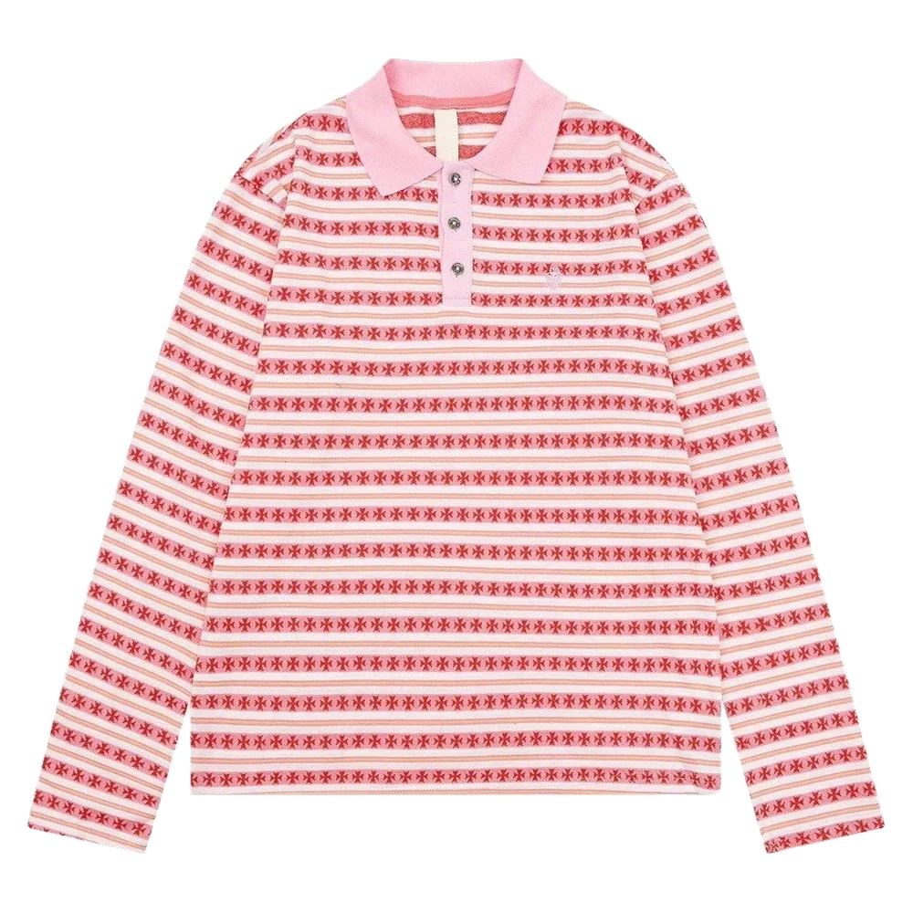 Striped Knit Long Sleeve Polo — Pink Stripe