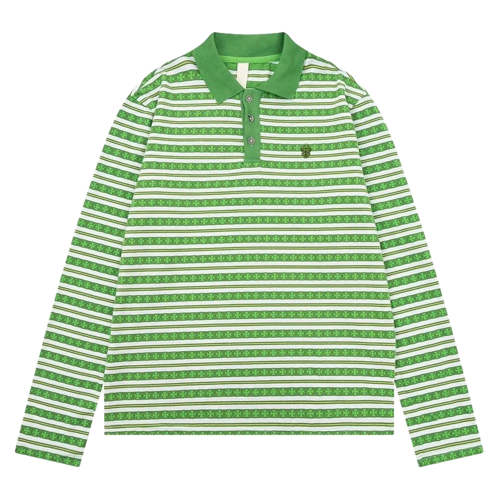 Striped Knit Long Sleeve Polo — Grass Green Stripe