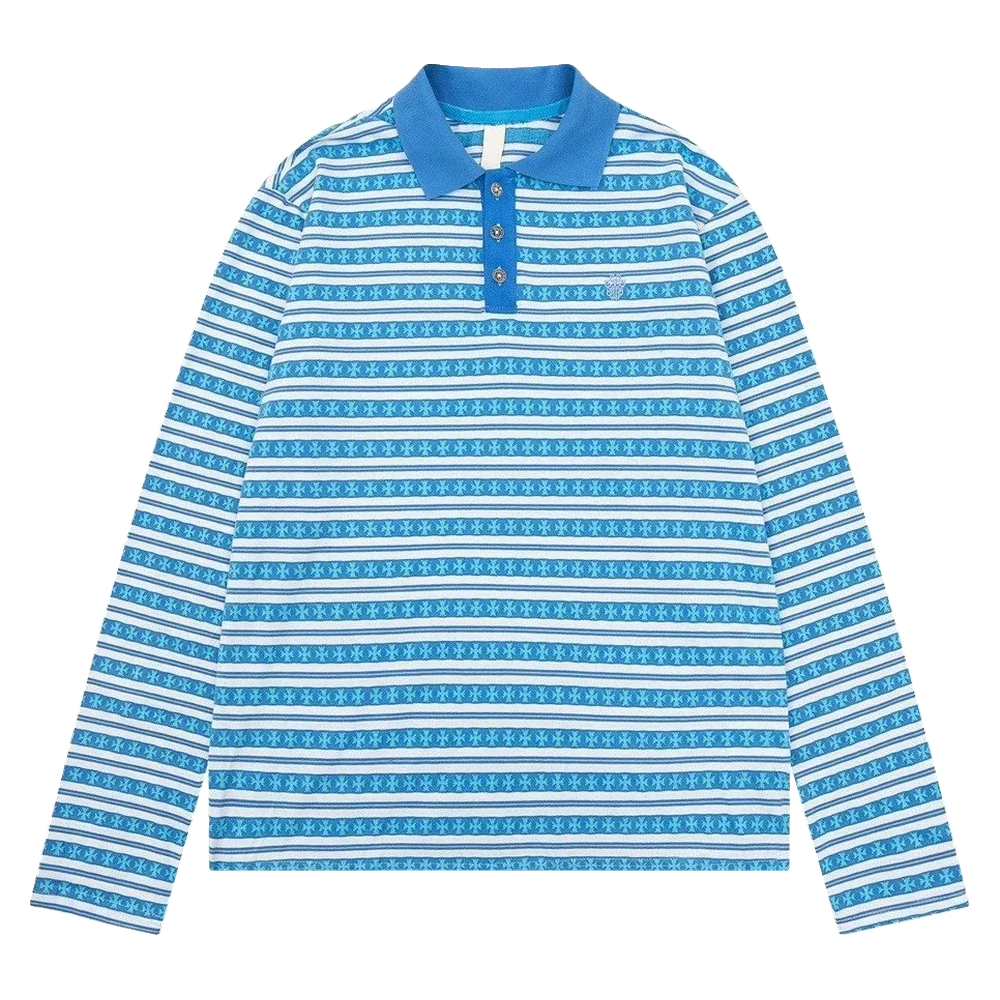 Striped Knit Long Sleeve Polo — Sky Blue Stripe