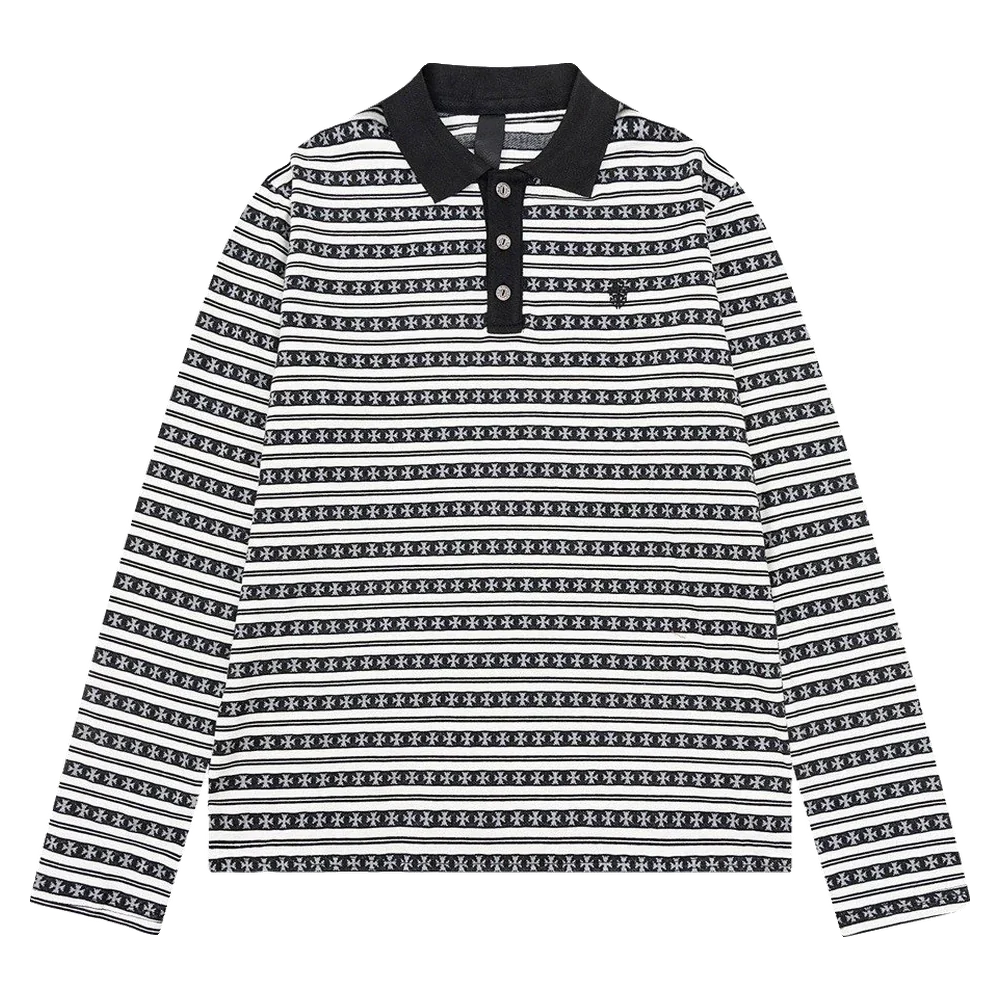 Striped Knit Long Sleeve Polo — Black & White Stripe