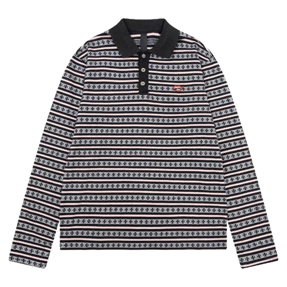 Striped Knit Long Sleeve Polo — Monochrome Stripe