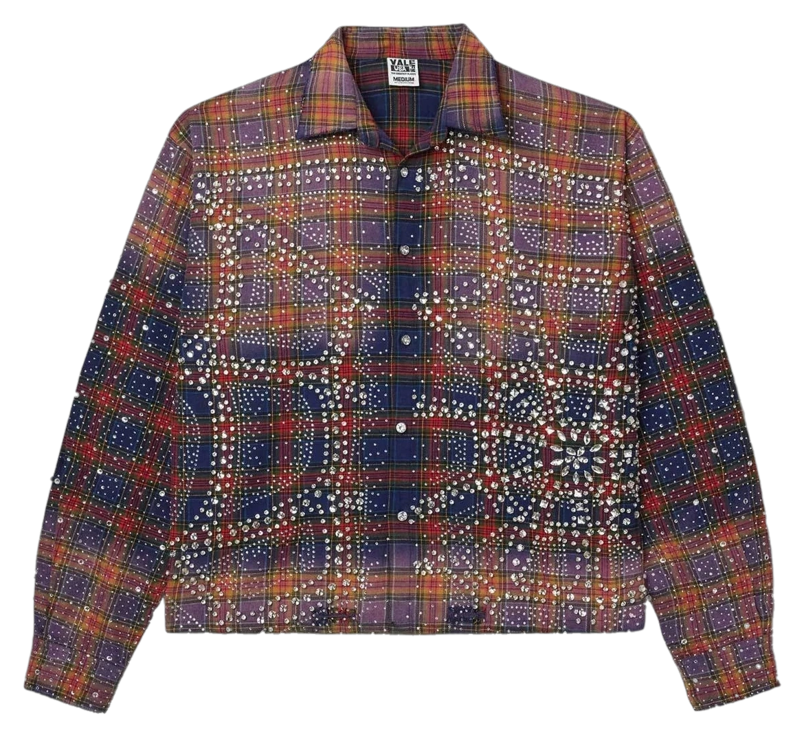 Rhinestone Plaid Shirt Jacket — Rust Navy Web