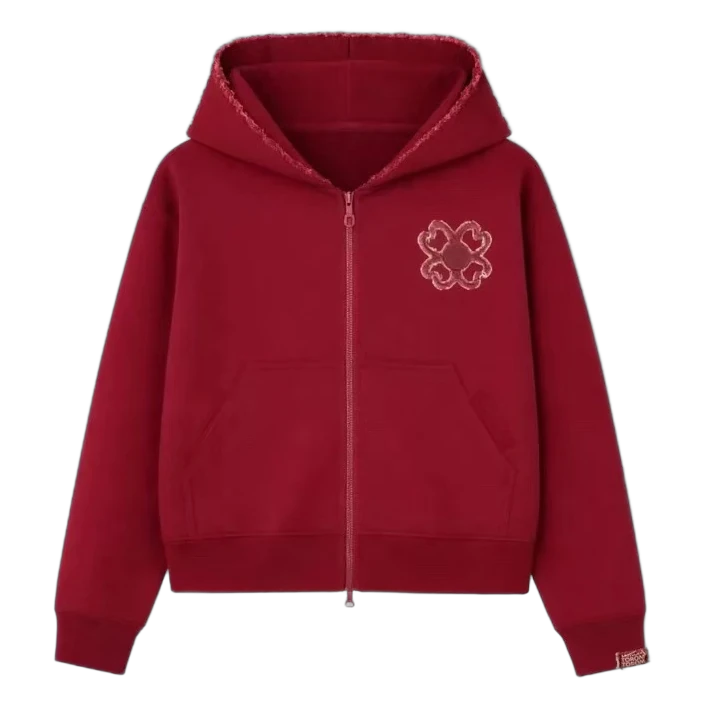 Clover Bloom Zip Hoodie — Crimson